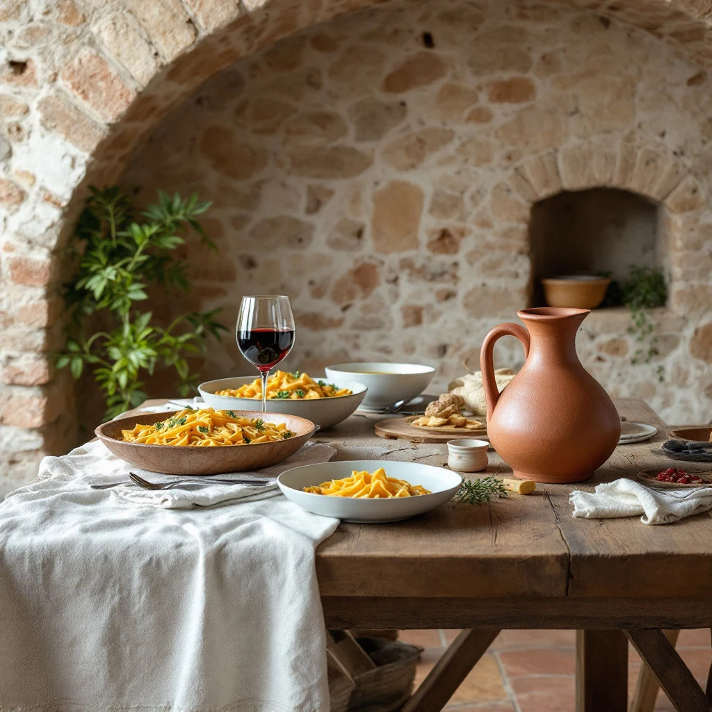 cucina contadina con pentole di coccio sul fuoco a legna